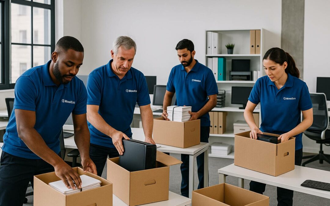 Équipe Mouv’Eco en plein déménagement de bureaux en Île-de-France, avec cartons et mobilier professionnel.