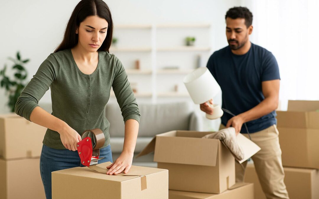 Un couple prépare des cartons de déménagement dans un salon lumineux, illustrant les conseils déménagement de Mouv’Eco.