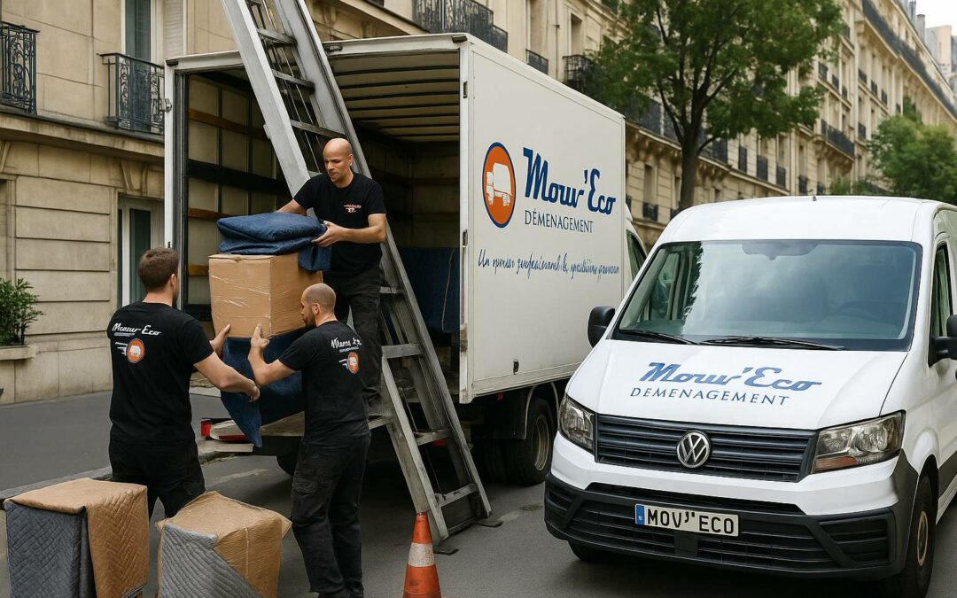 Équipe Mouv’Eco en action lors d’un déménagement, illustrant 10 ans d’activité et de service de qualité.